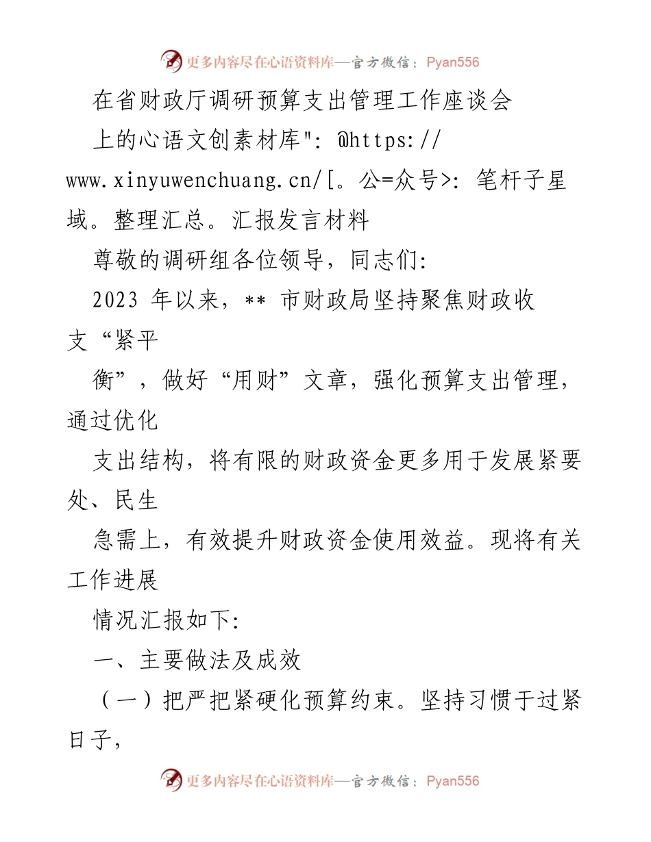[发言] 省财政厅调研座谈会 - 强化预算支出管理，提升财政资金使用效益.docx_第1页