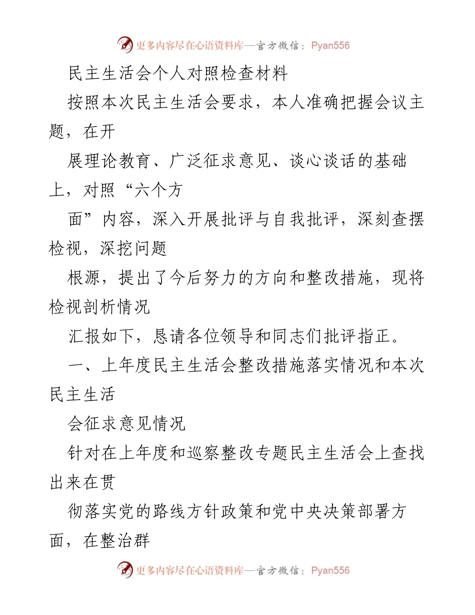 [发言] 民主生活会 - 深入检视与自我批评的个人对照检查报告.docx_第1页