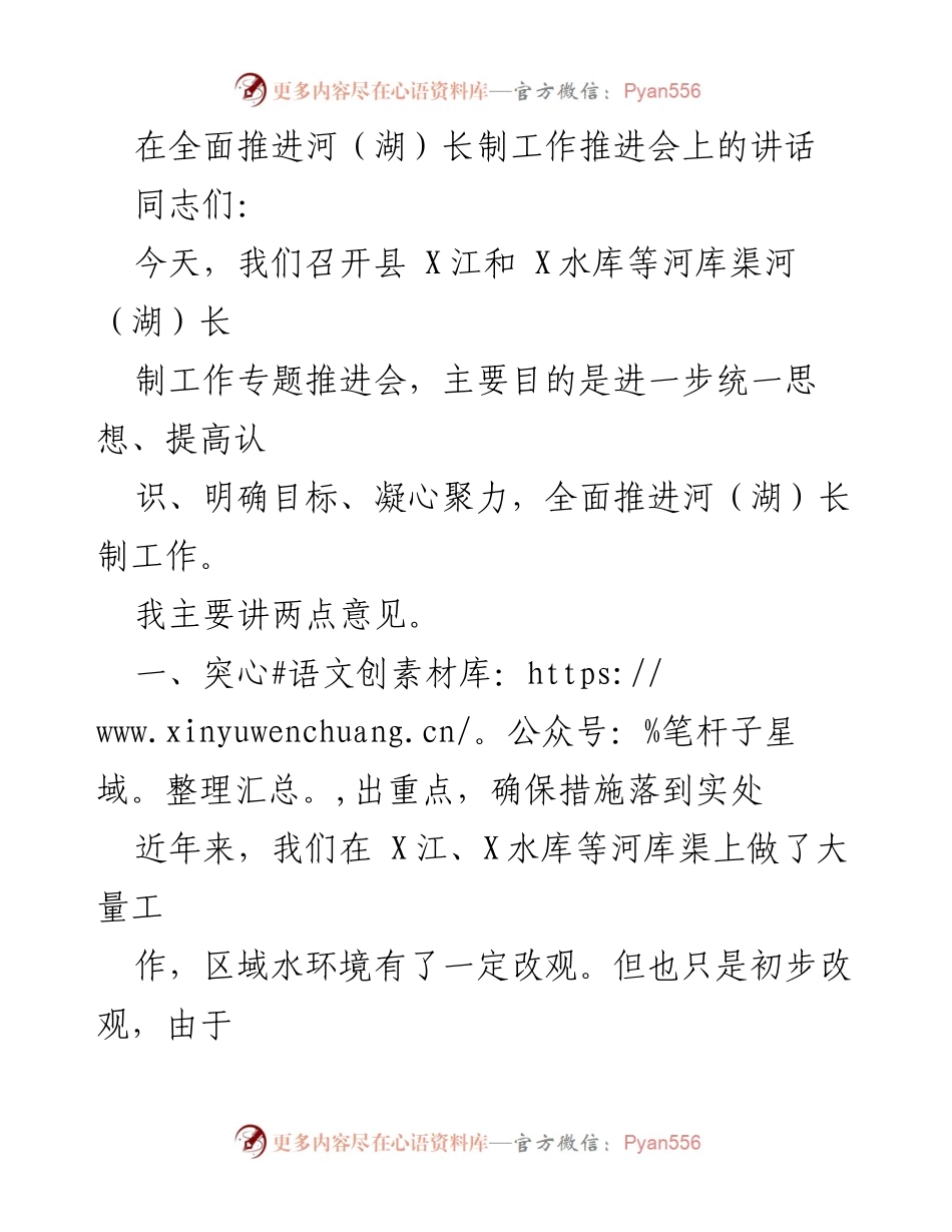 [发言] 河（湖）长制工作推进会 - 全面推进河（湖）长制工作的关键措施与目标.docx_第1页