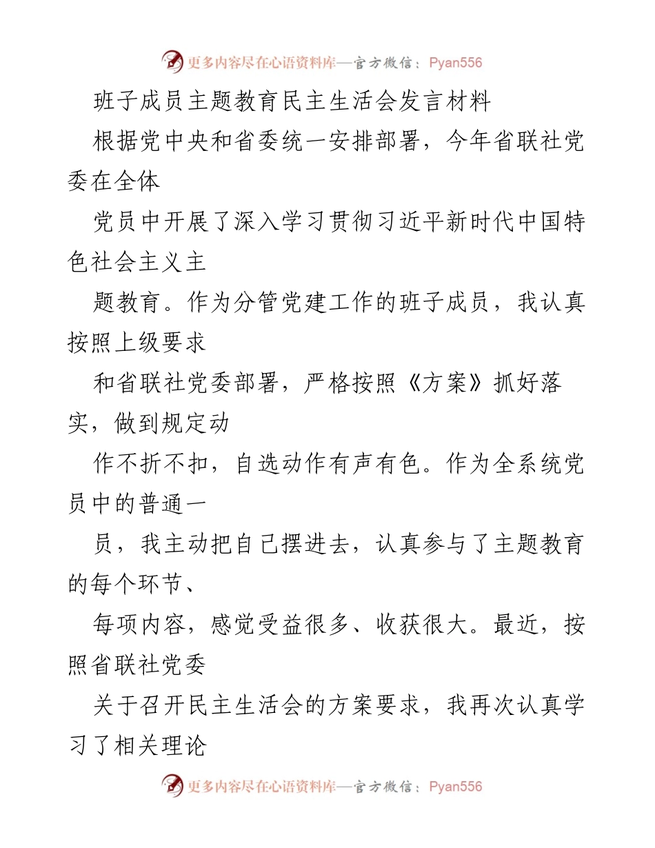 [发言] 民主生活会 - 班子成员主题教育发言材料分析与反思.docx_第1页