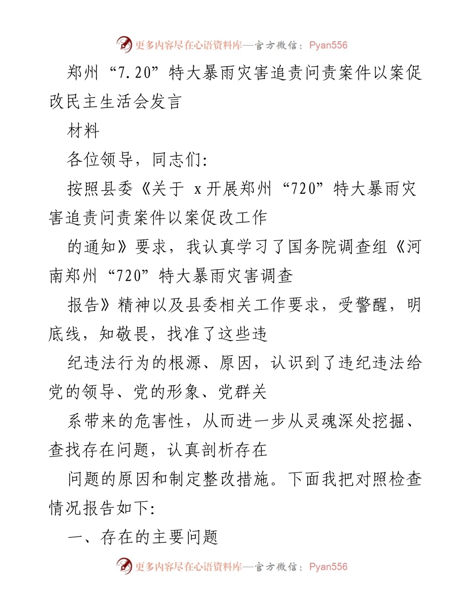 [发言] 民主生活会 - 郑州“7.20”特大暴雨灾害追责问责案件以案促改发言材料.docx_第1页