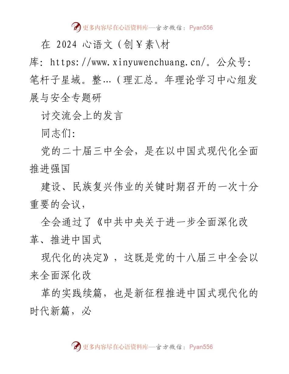 [发言] 理论学习中心组发展与安全专题研讨交流会 - 深入学习全会精神，推动系统观念与安全发展的统筹落实.docx_第1页