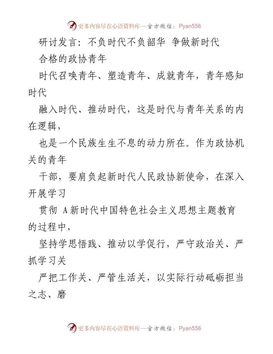 [发言] 研讨会 - 青年干部的使命与担当：争做新时代合格政协人.docx_第1页