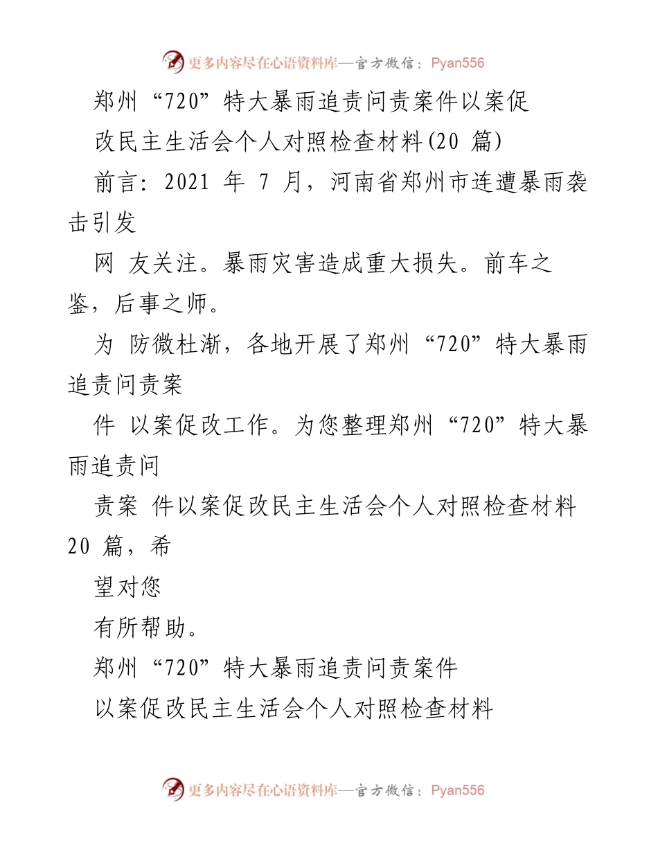 [发言] 民主生活会 - 郑州“720”特大暴雨追责问责案件以案促改个人对照检查材料总结.docx_第1页