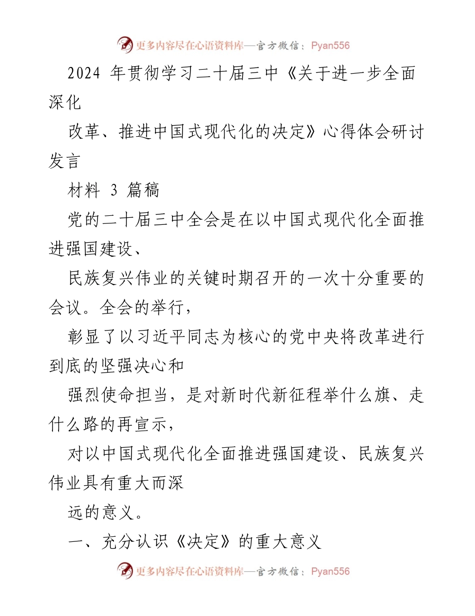 [发言] 研讨会 - 深入学习《决定》：推进中国式现代化的战略思考与实践经验.docx_第1页