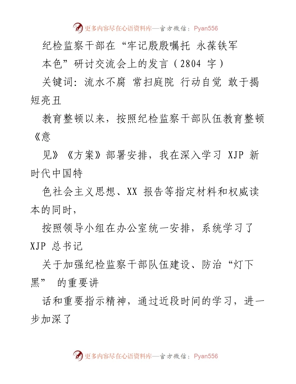 [发言] 研讨交流会 - 牢记殷殷嘱托，永葆纪检监察铁军本色_2.docx_第1页