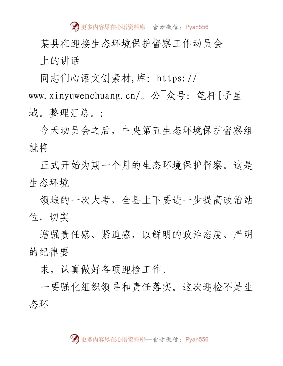 [发言] 生态环境保护督察工作动员会 - 强化责任落实，确保生态环境督察迎检工作无误.docx_第1页