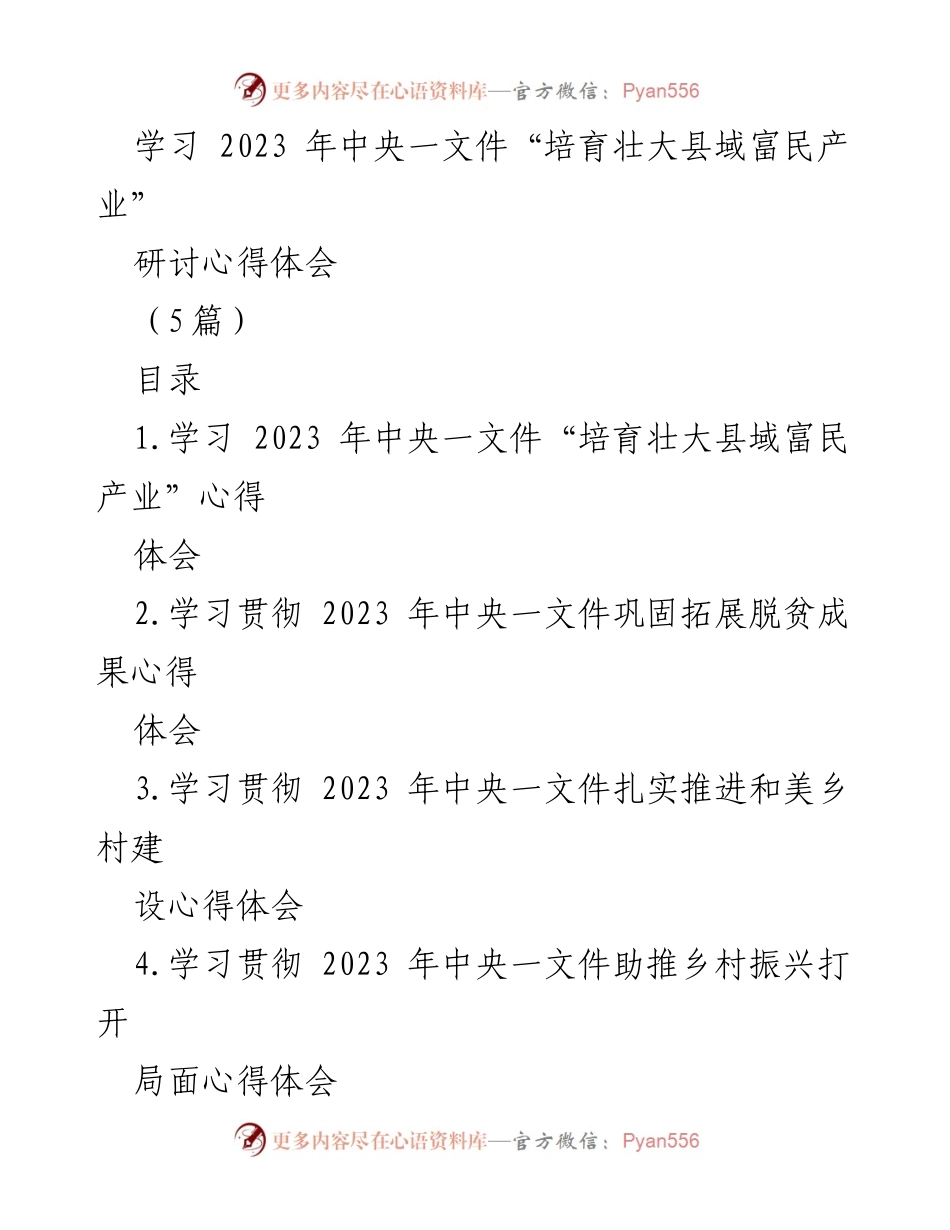 [发言] 研讨会 - 深入学习2023年中央一文件，推动县域富民产业发展.docx_第1页