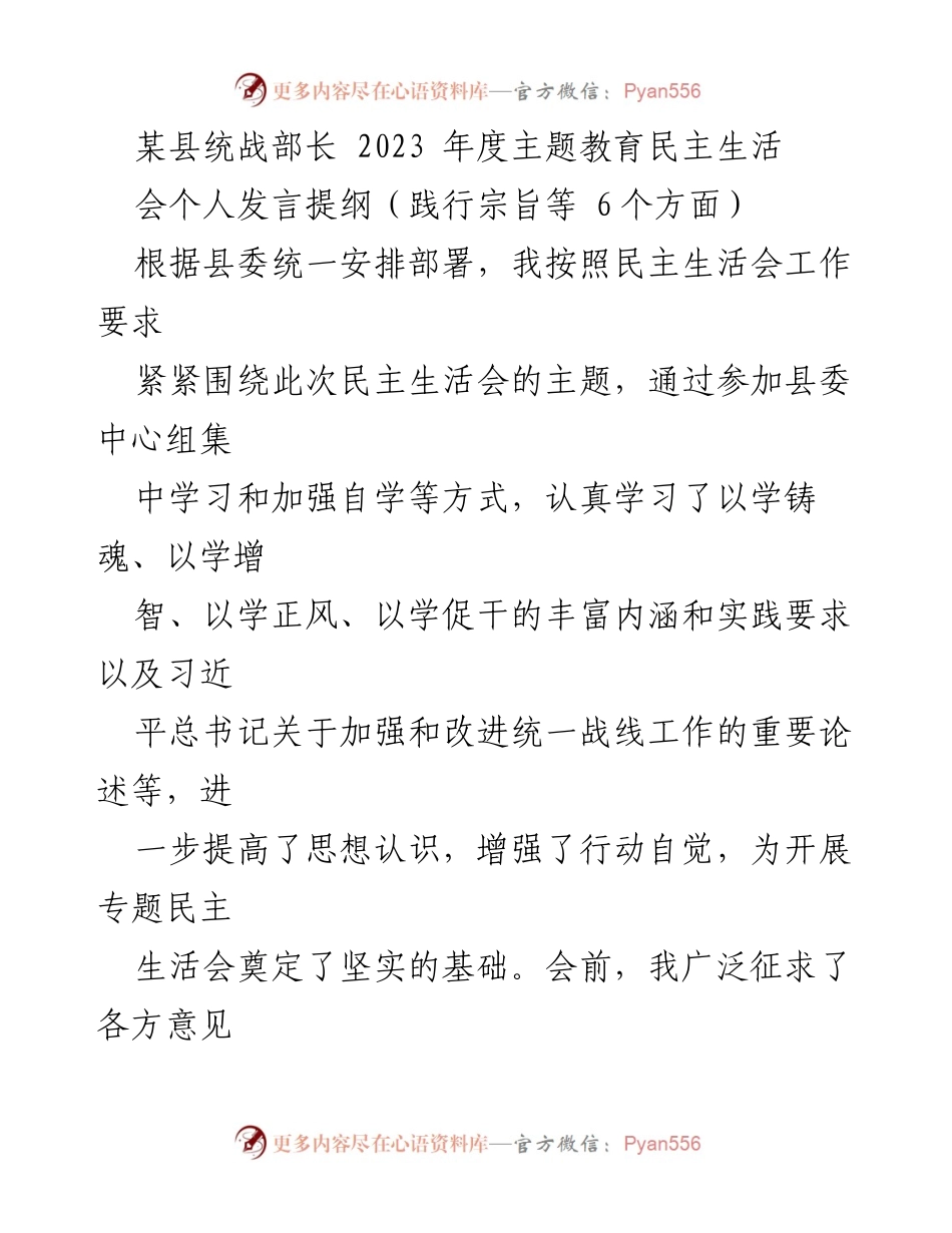 [发言] 民主生活会 - 统战部长年度主题教育发言提纲.docx_第1页