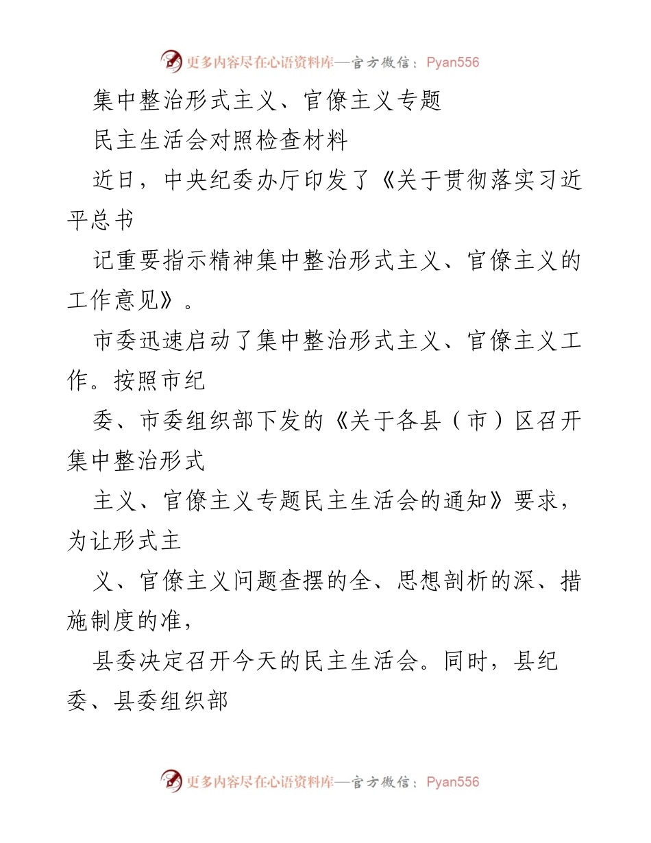 [发言] 民主生活会 - 集中整治形式主义、官僚主义的对照检查与整改措施.docx_第1页