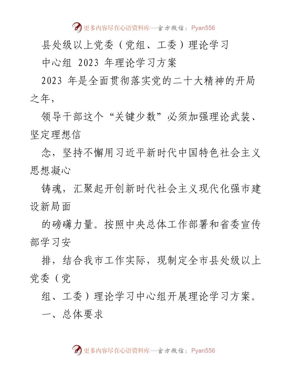 [发言] 理论学习中心组 - 2023年县处级以上党委理论学习方案.docx_第1页