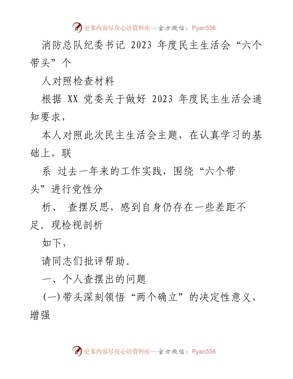 [发言] 消防总队纪委书记年度民主生活会 - 2023年度民主生活会个人对照检查材料总结.docx_第1页