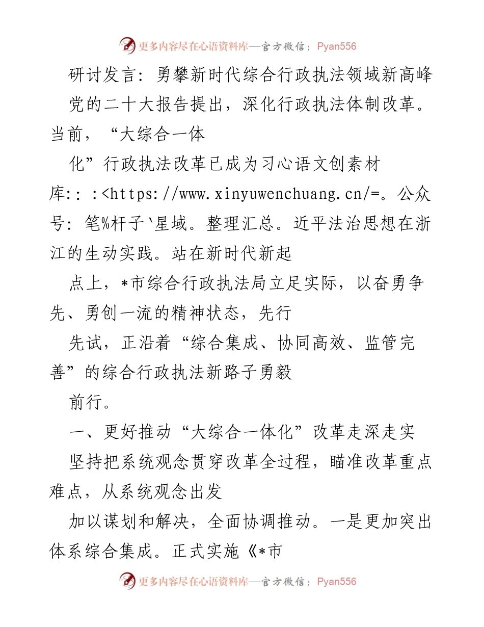 [发言] 研讨会 - 勇攀新时代综合行政执法新高峰.docx_第1页