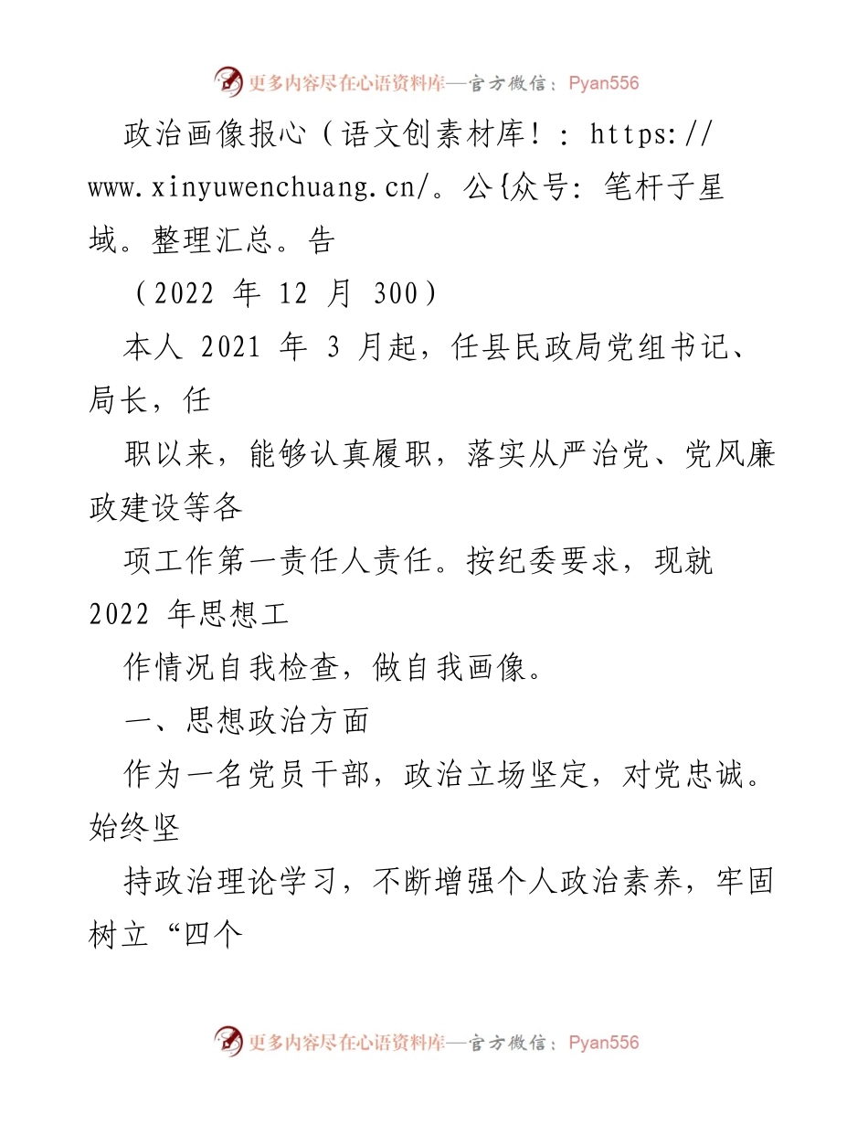 [发言] 民政局党组书记任职总结 - 2022年思想工作自我检查与政治画像报告.docx_第1页