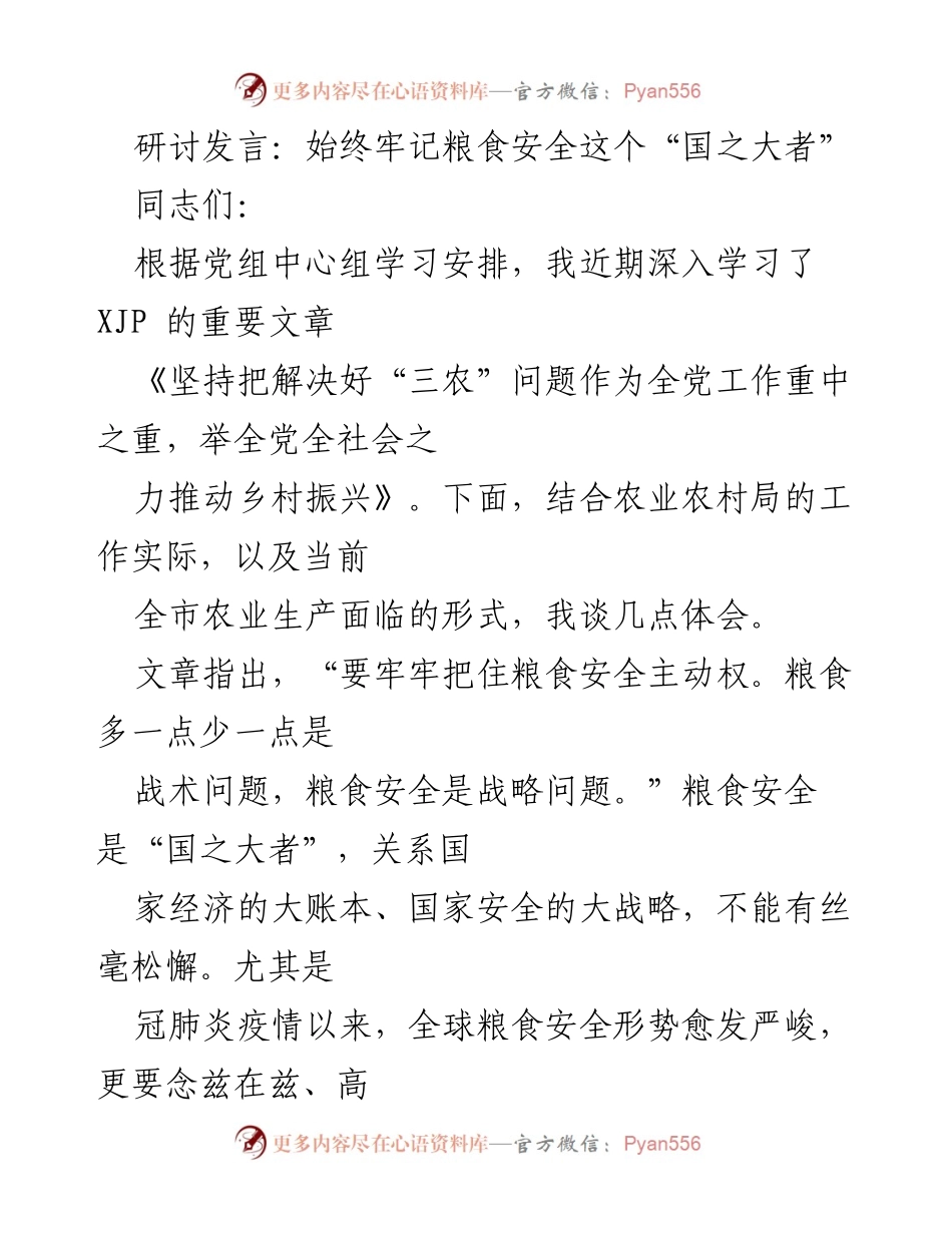 [发言] 研讨会 - 牢记粮食安全的重要性.docx_第1页