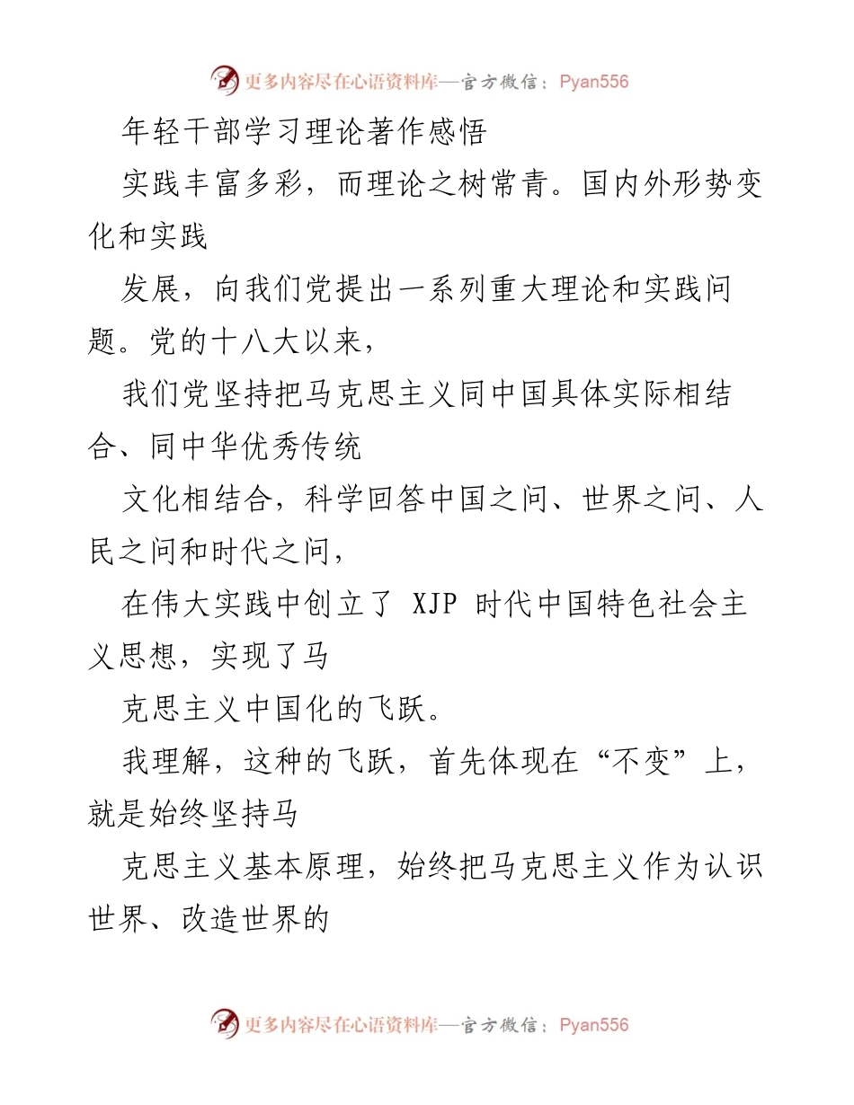 [发言] 理论学习 - 年轻干部对马克思主义与中国特色社会主义思想的理解与实践体会.docx_第1页