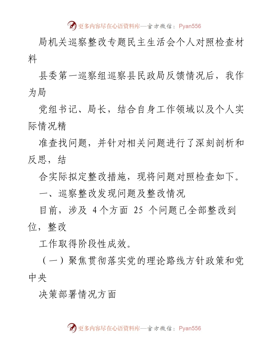 [发言] 民政局巡察整改会议 - 巡察整改专题民主生活会个人对照检查材料.docx_第1页