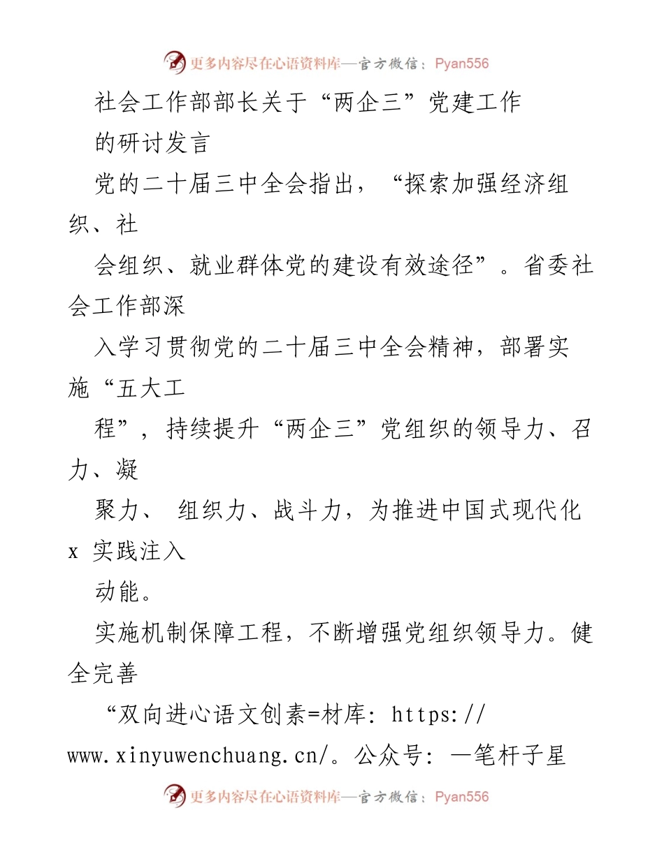 [发言] 研讨会 - 加强“两企三”党建工作，推动经济与社会组织协同发展.docx_第1页