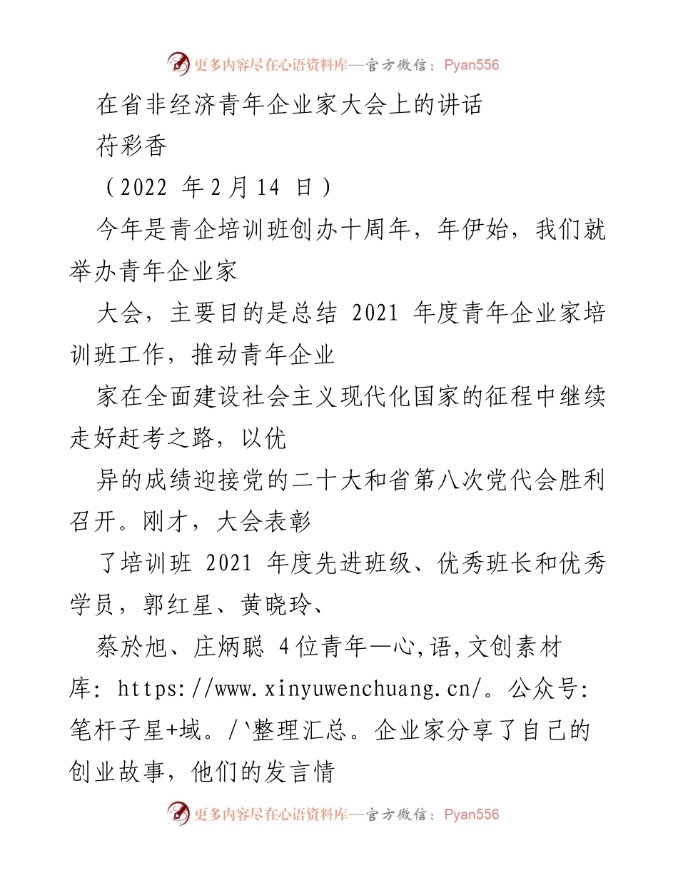 [发言] 省非经济青年企业家大会 - 青年企业家培训班十周年总结与展望_1.docx_第1页