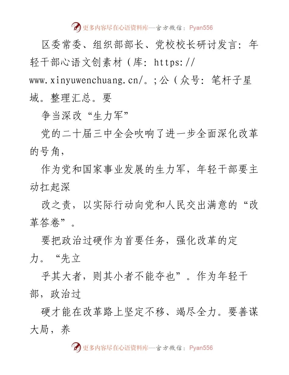 [发言] 研讨会 - 年轻干部争当深化改革的生力军.docx_第1页