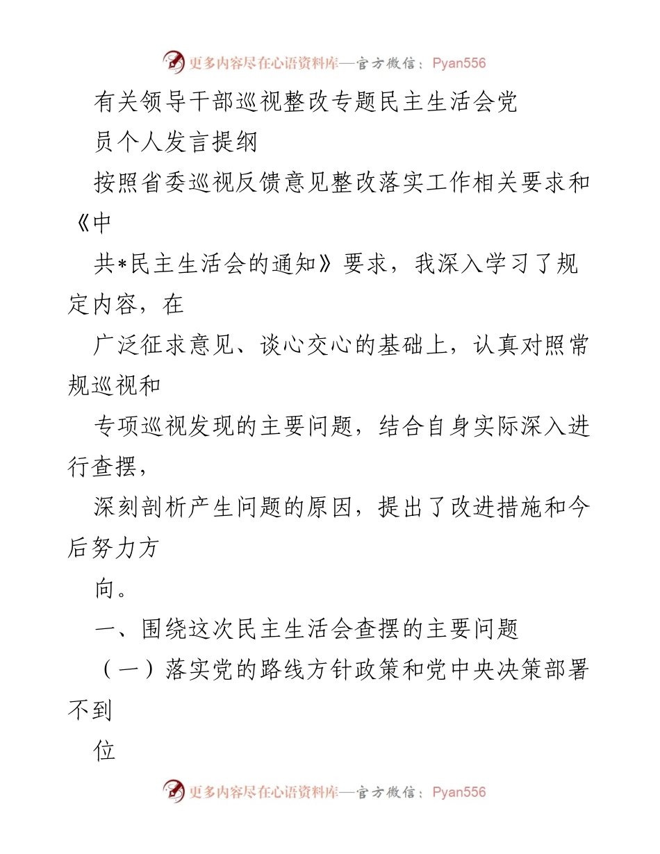 [发言] 民主生活会 - 领导干部巡视整改个人发言提纲.docx_第1页
