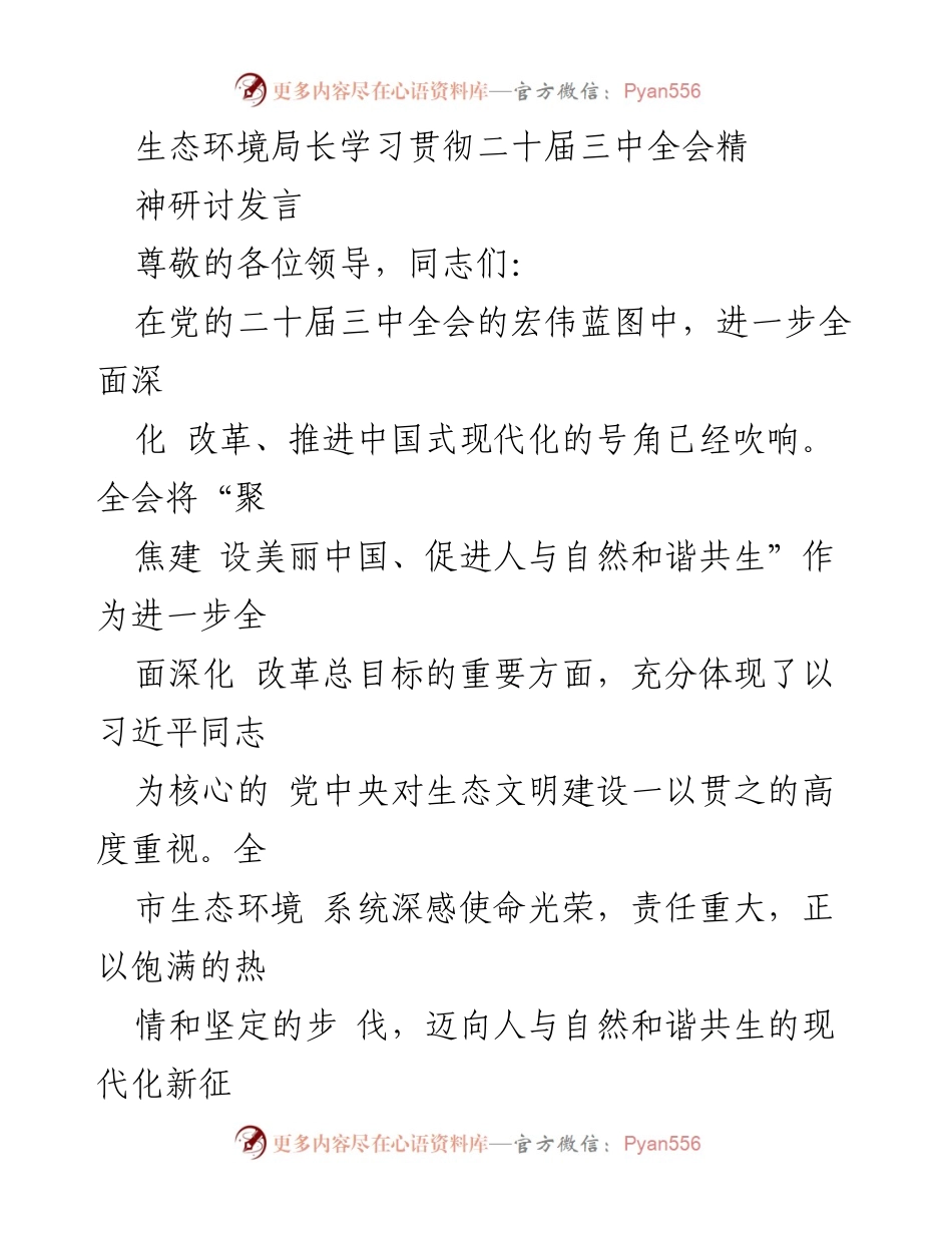 [发言] 生态环境局长学习贯彻二十届三中全会精神研讨会 - 深化改革，建设美丽中国：生态环境局长的使命与责任.docx_第1页
