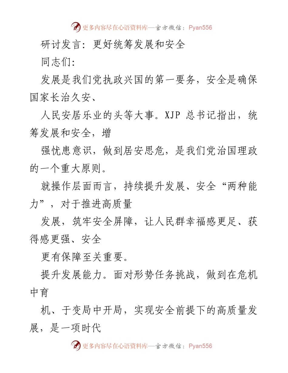 [发言] 研讨会 - 统筹发展与安全：提升能力，推动高质量发展.docx_第1页