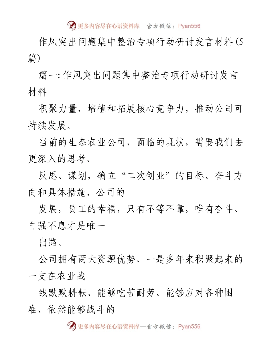 [发言] 生态农业公司作风整治专项行动 - 聚焦核心竞争力，推动公司可持续发展.docx_第1页