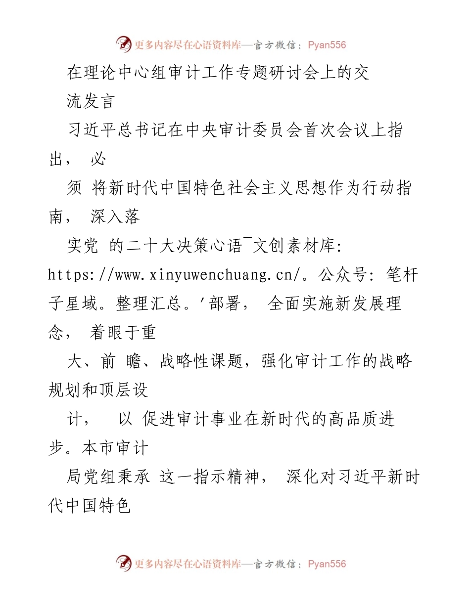 [发言] 理论中心组审计工作专题研讨会 - 深化理论学习，提升审计工作质量.docx_第1页