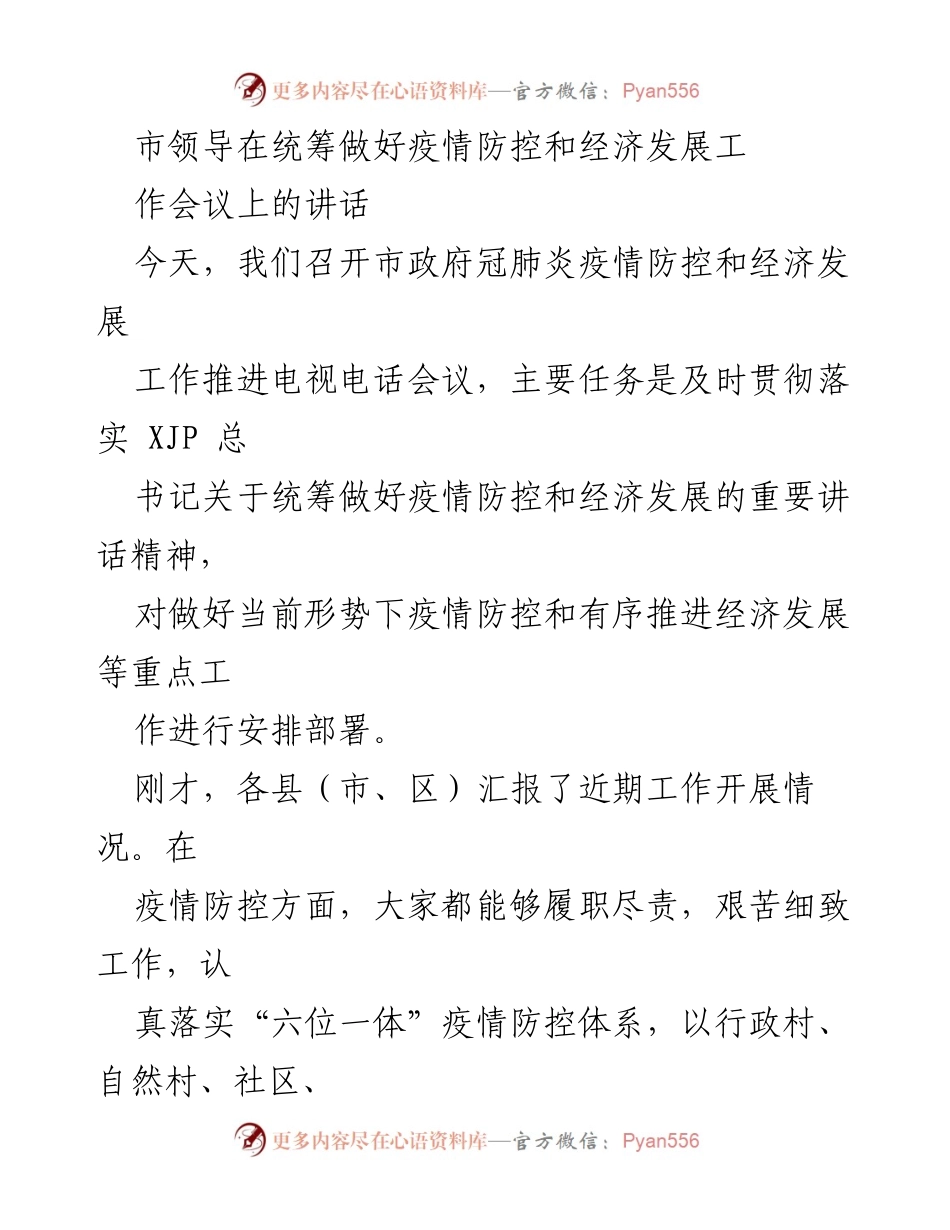 [发言] 疫情防控与经济发展工作会议 - 市领导关于统筹疫情防控与经济发展的讲话.docx_第1页