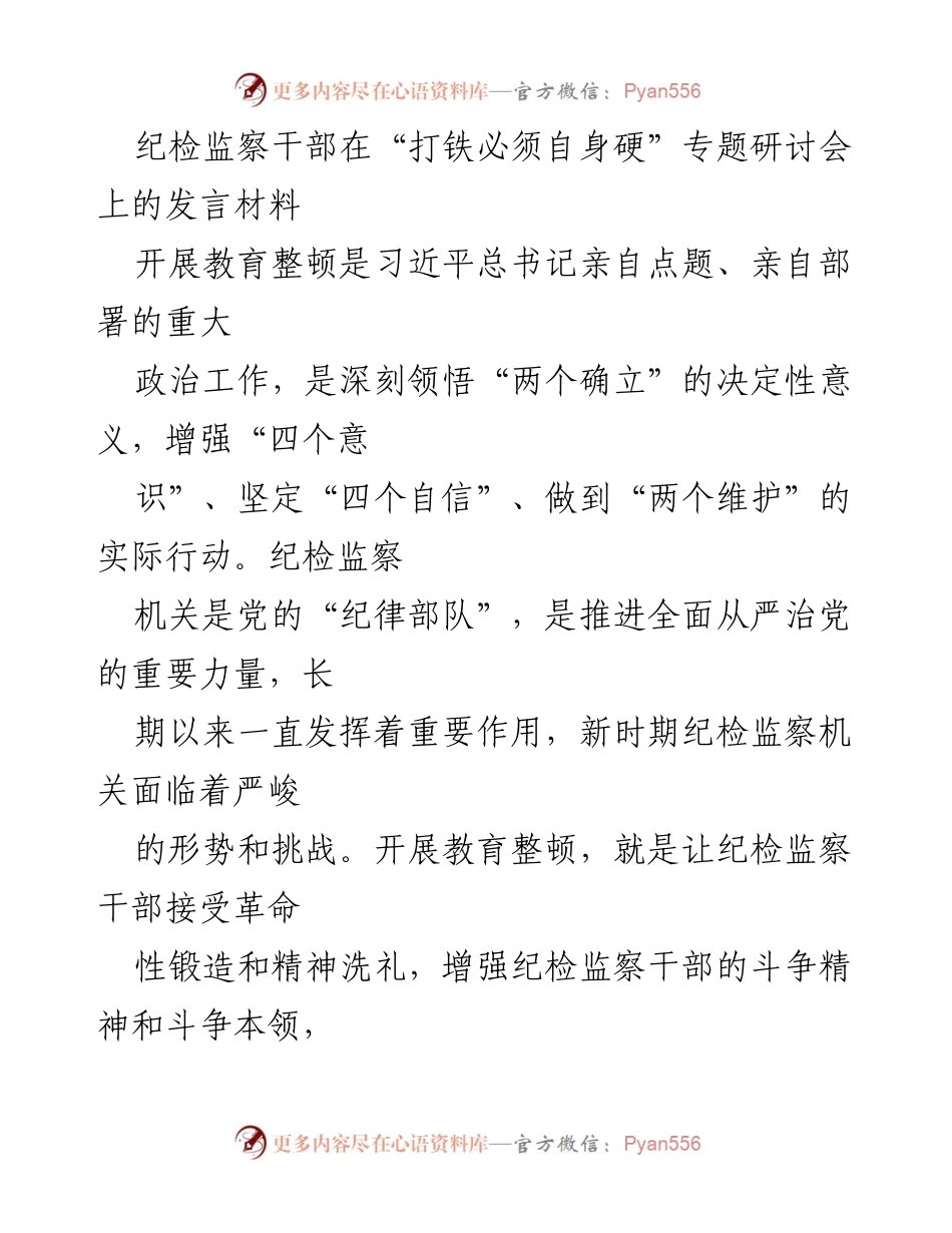 [发言] 研讨会 - 加强纪检监察干部自身建设，推进全面从严治党.docx_第1页