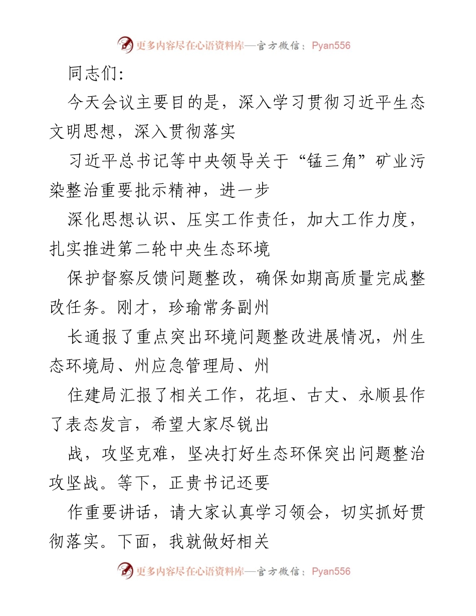 [发言] 生态环境保护会议 - 深入学习习近平生态文明思想，推进生态环保突出问题整改.docx_第1页