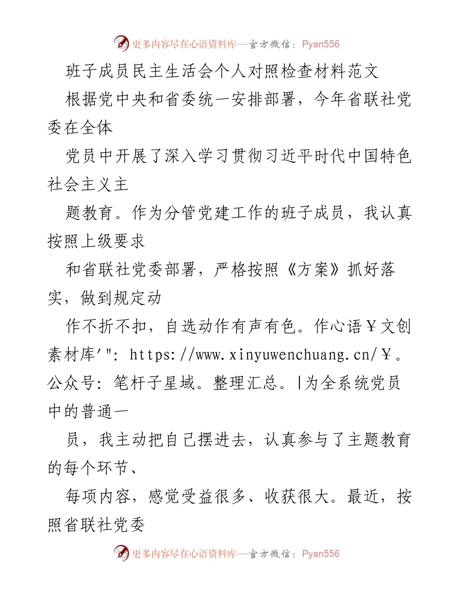 [发言] 民主生活会 - 班子成员民主生活会个人对照检查材料.docx_第1页