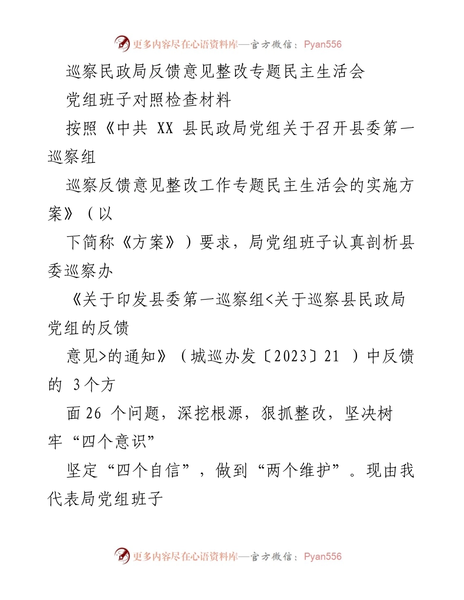 [发言] 民政局巡察整改会议 - 巡察反馈意见整改专题民主生活会发言材料.docx_第1页