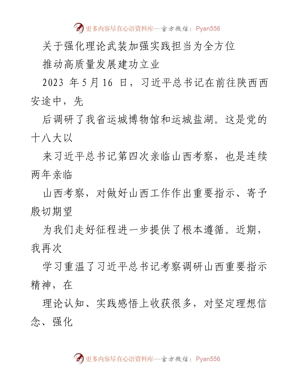 [发言] 理论学习与实践担当交流会 - 强化理论武装，推动高质量发展.docx_第1页