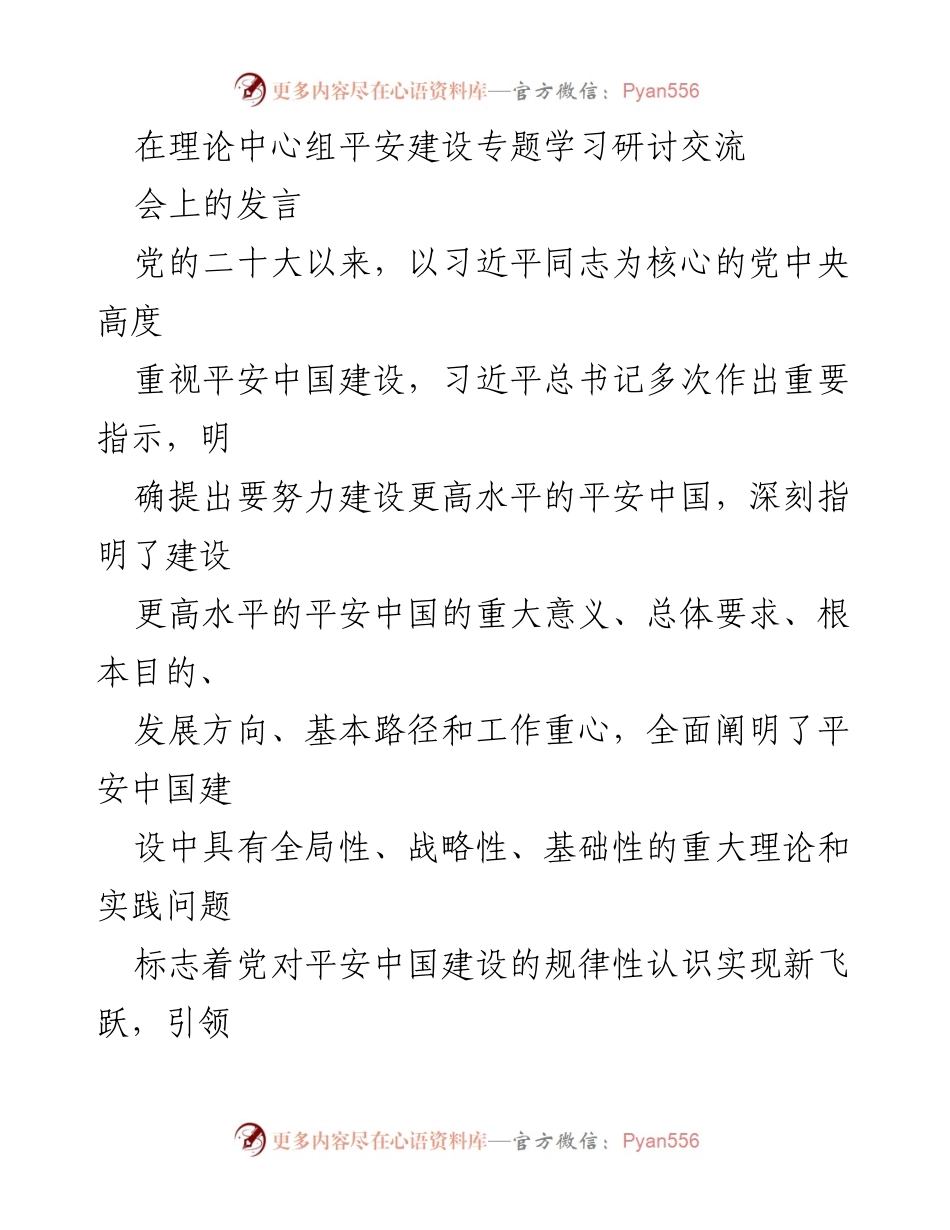 [发言] 理论中心组平安建设专题学习研讨交流会 - 深入学习习近平总书记关于平安中国建设的重要指示.docx_第1页
