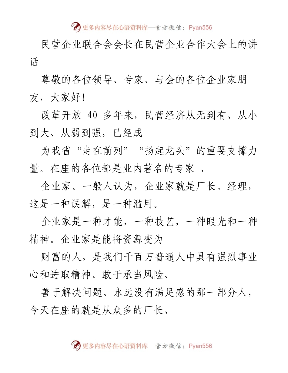 [发言] 民营企业合作大会 - 民营经济发展的重要性与企业家的使命.docx_第1页