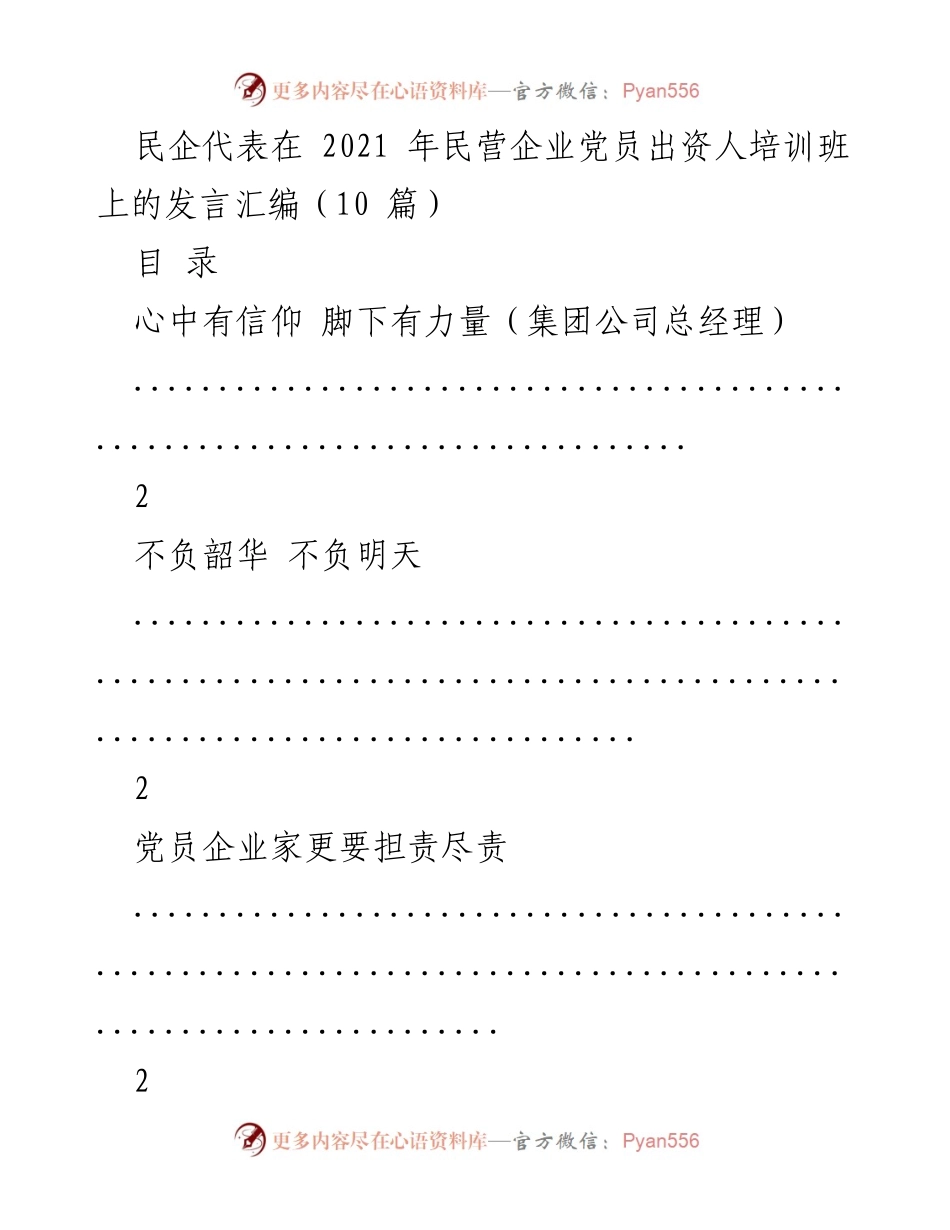 [发言] 民营企业党员出资人培训班 - 民企代表发言汇编：坚定信仰与责任担当.docx_第1页