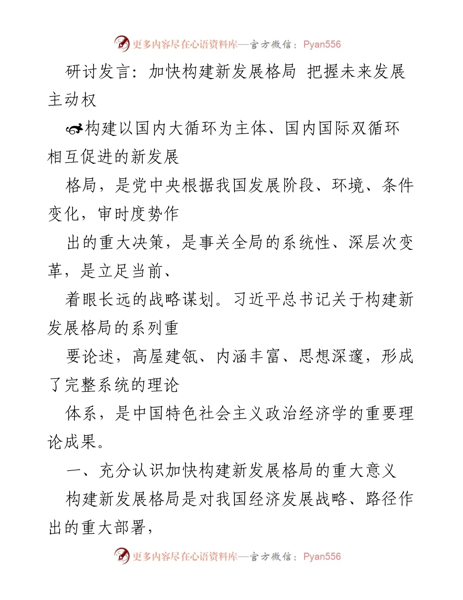 [发言] 研讨会 - 加快构建新发展格局，提升国家竞争力与发展潜力.docx_第1页