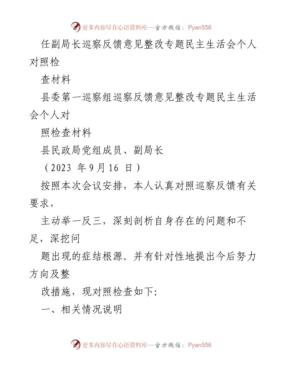 [发言] 民政局巡察整改专题民主生活会 - 巡察反馈整改自查与反思.docx_第1页