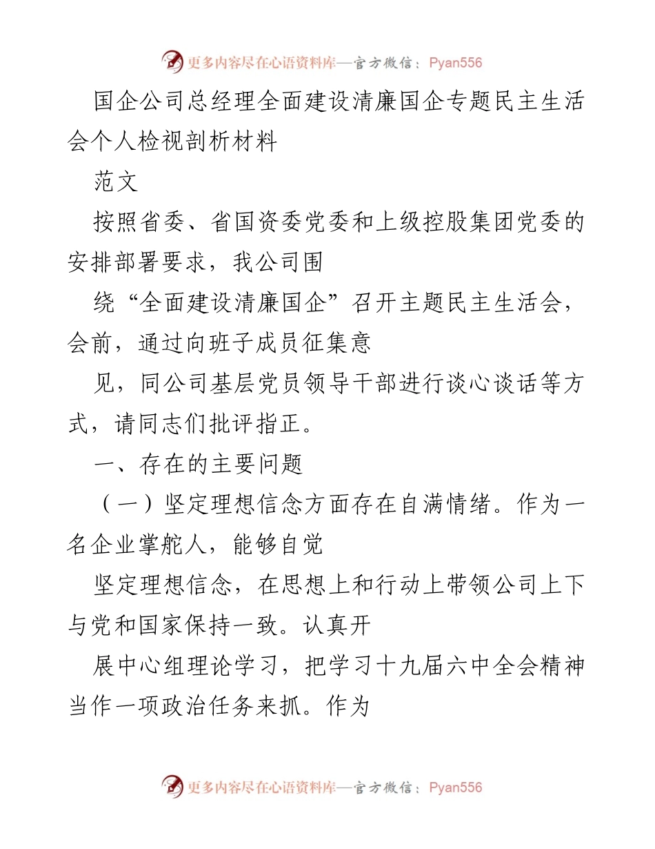[发言] 清廉国企专题民主生活会 - 总经理个人检视与反思报告.docx_第1页