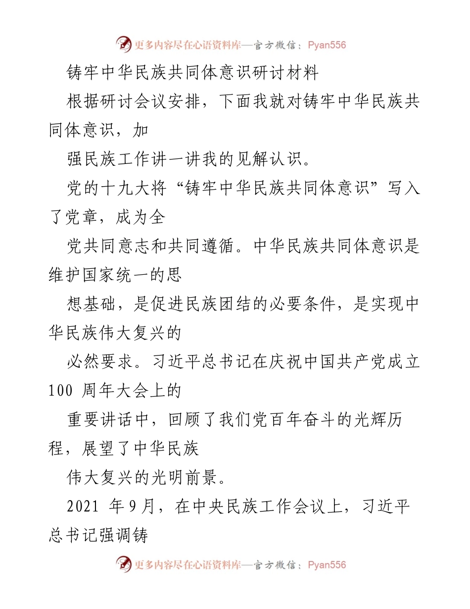 [发言] 研讨会 - 加强铸牢中华民族共同体意识的认识与实践.docx_第1页