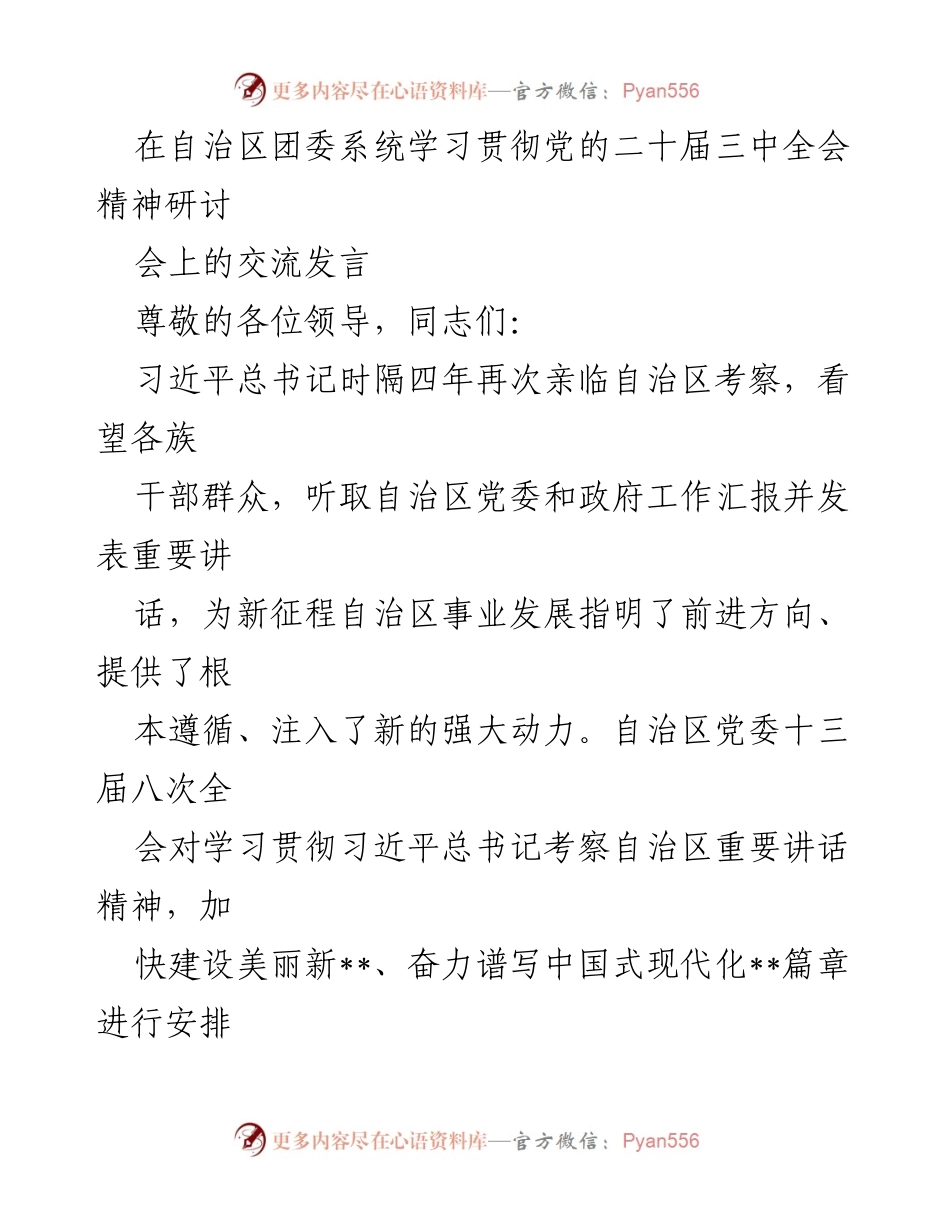 [发言] 研讨会 - 学习贯彻党的二十届三中全会精神，助力高质量发展与青年担当.docx_第1页