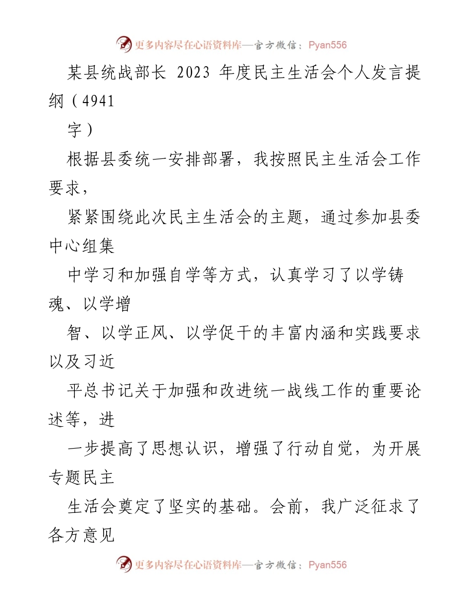 [发言] 民主生活会 - 统战部长2023年度民主生活会个人发言提纲.docx_第1页