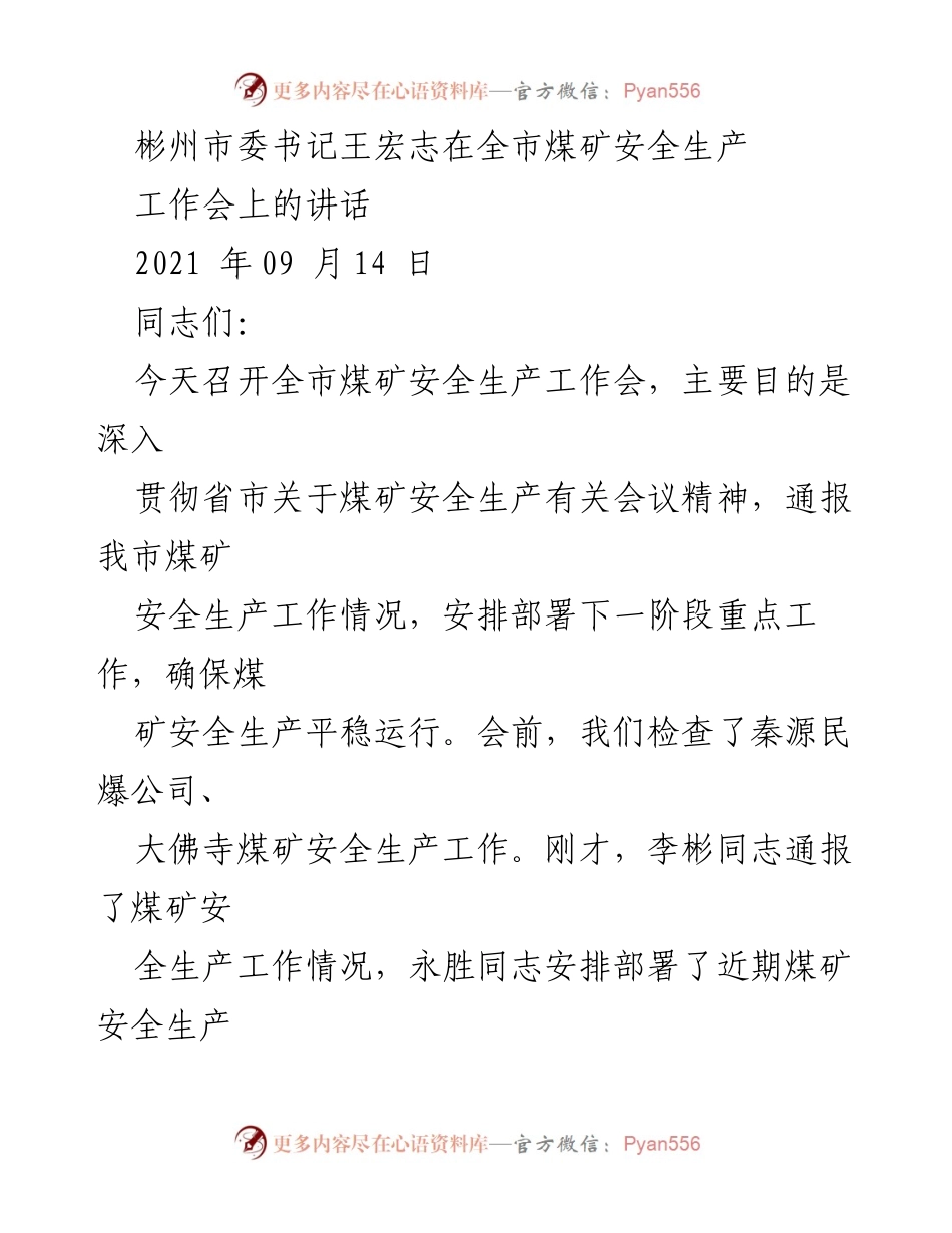 [发言] 煤矿安全生产工作会 - 王宏志书记在全市煤矿安全生产工作会上的讲话.docx_第1页