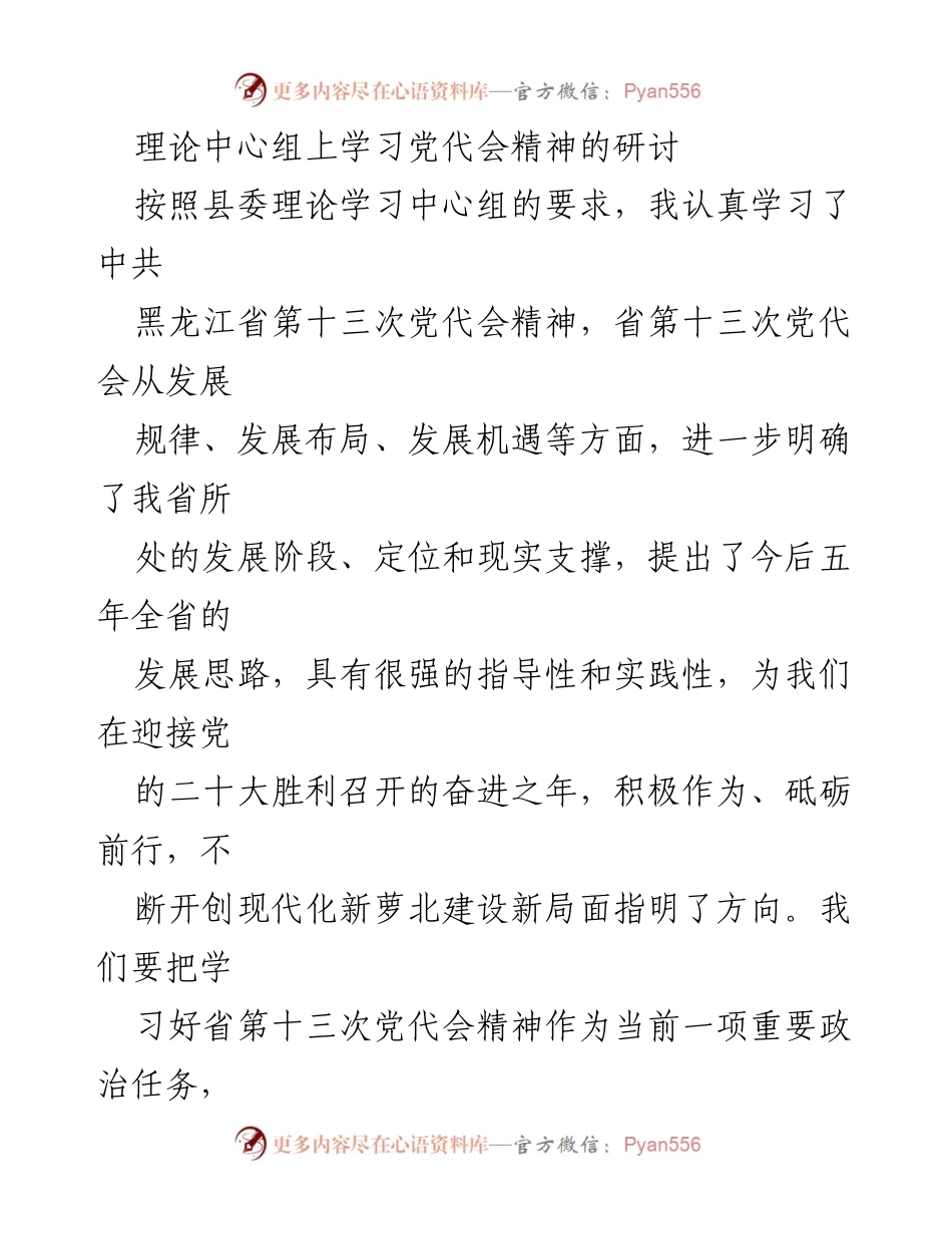 [发言] 理论中心组学习会 - 深入学习黑龙江省第十三次党代会精神的体会与思考.docx_第1页