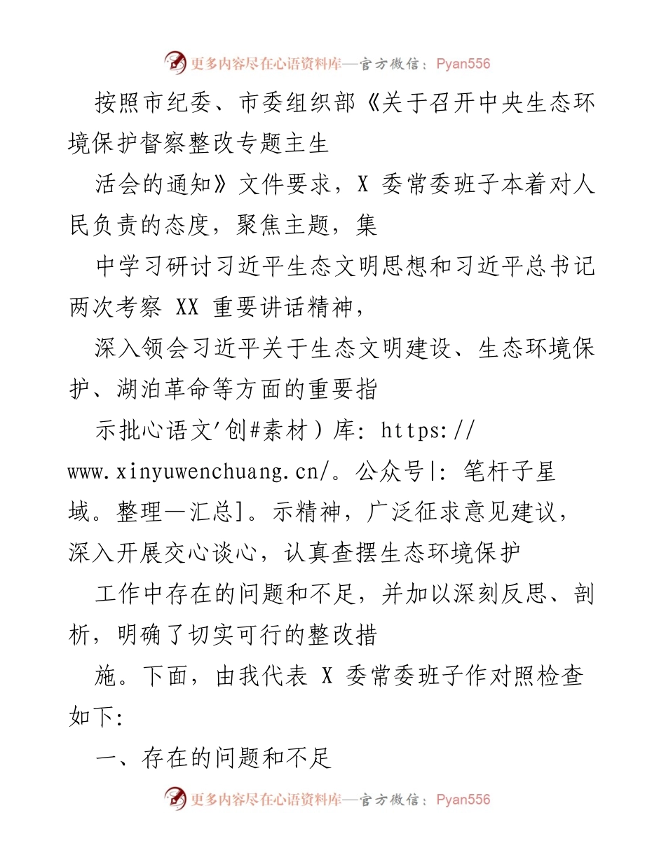 [发言] 生态环境保护专题会议 - 深刻反思与整改措施：贯彻习近平生态文明思想的对照检查.docx_第1页