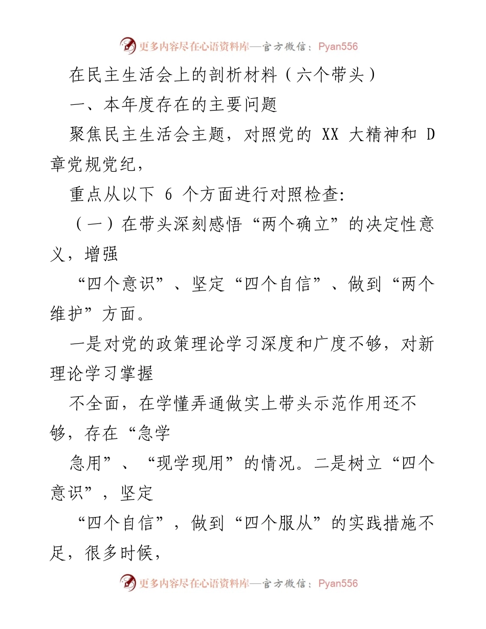 [发言] 民主生活会 - 深刻剖析：带头落实党的精神与政策的自我检视.docx_第1页