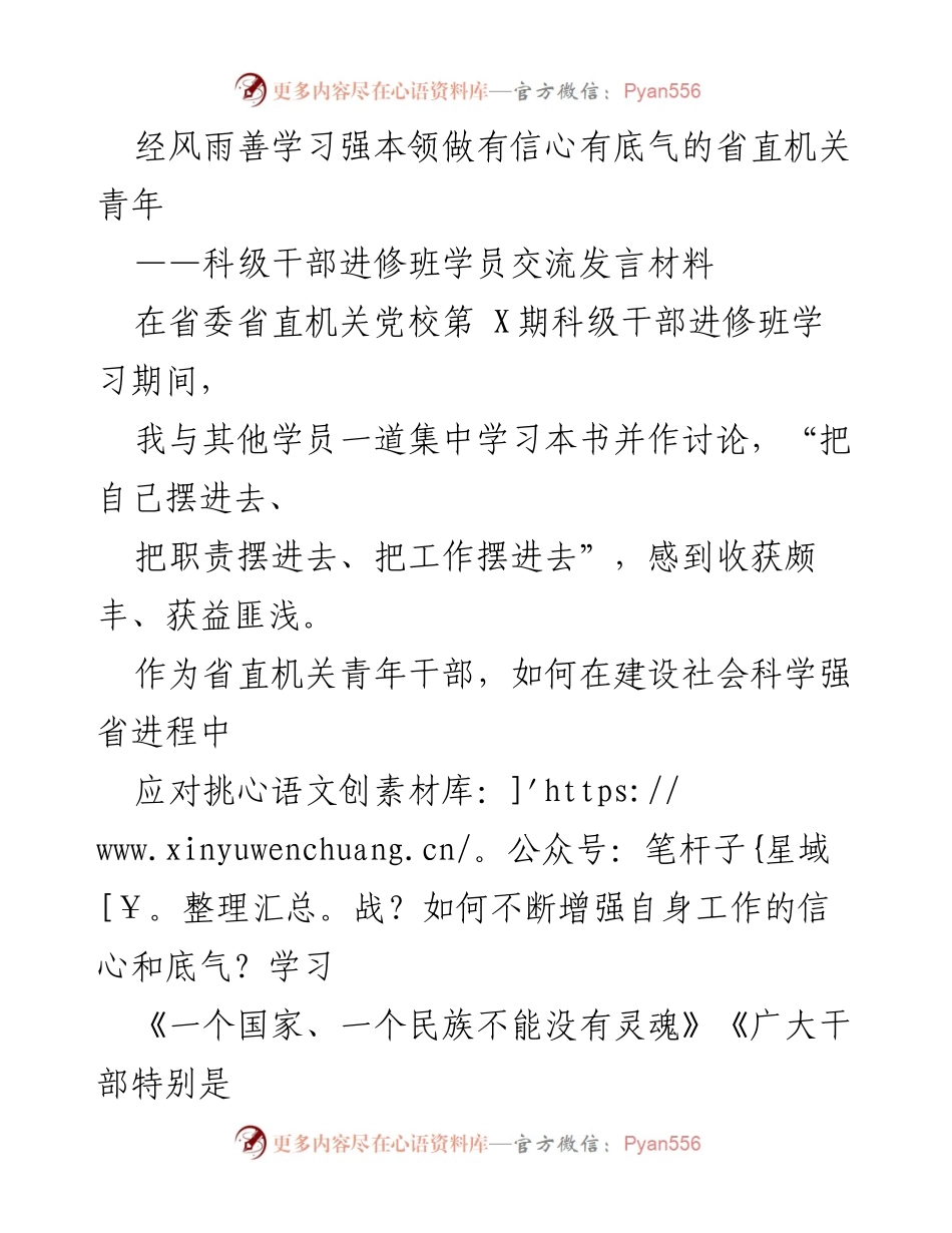 [发言] 省直机关青年干部交流会 - 坚定信念与提升能力：省直机关青年干部的成长之路.docx_第1页
