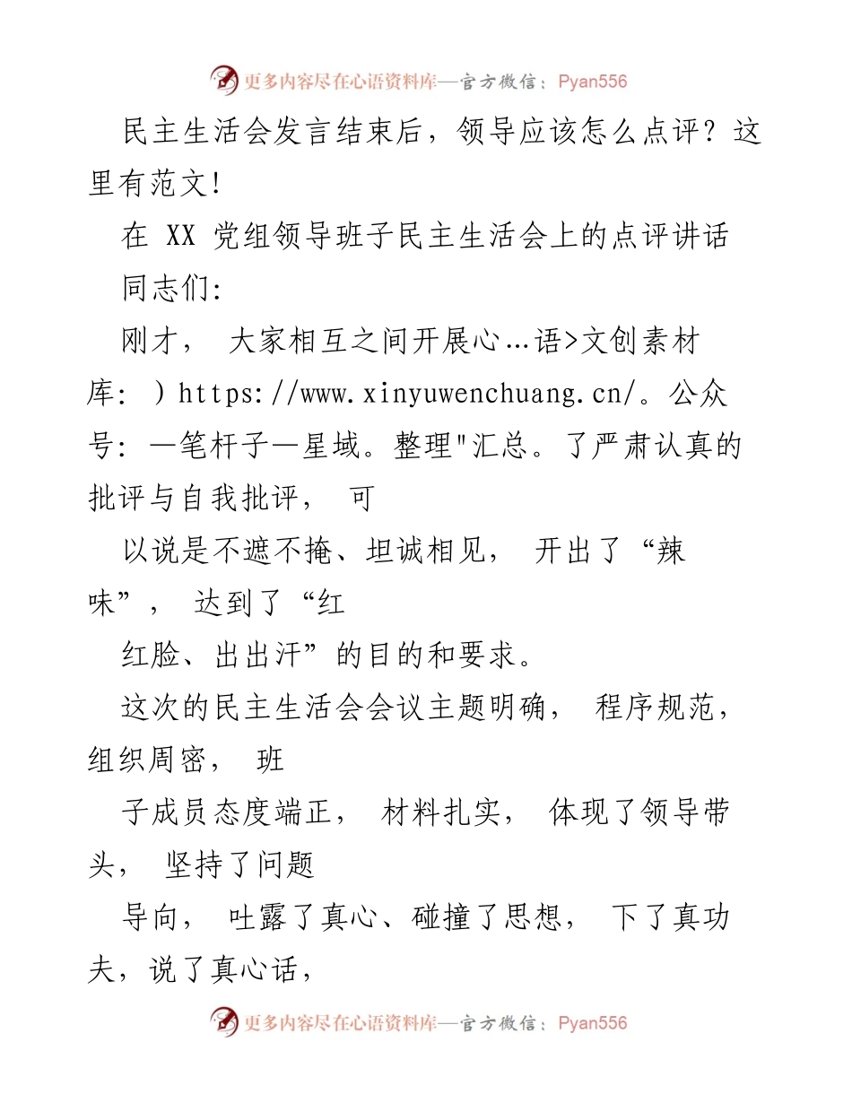 [发言] 民主生活会 - 领导点评民主生活会的有效性与整改措施.docx_第1页